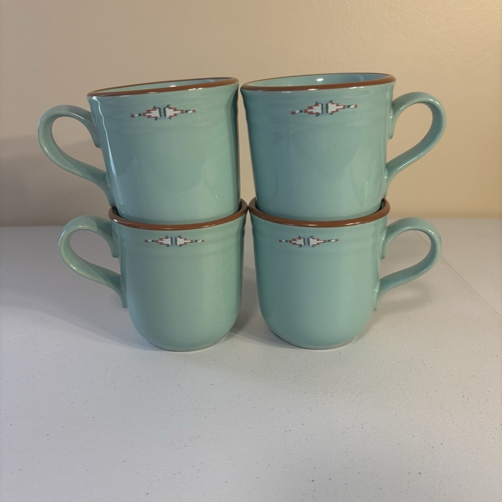 Noritake Stoneware Boulder Ridge 8674 Blue Teal Southwest Design Mugs 4pc Set